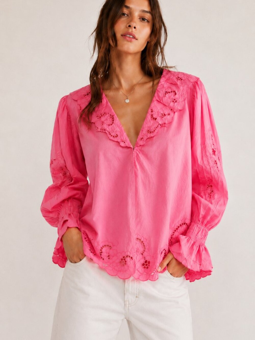 Free People Pink Boho Maisie Cutwork Embroidered Ruffle Crop Blouse in M
